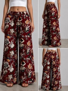 Casual Boho Burgundy Bold Floral • HighRise • Wide-Leg • Tassel Tie Palazzo Pant
